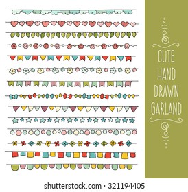 Set of cute doodle bunting party flags for your designs (birthday party, wedding celebration). Collection of cartoon garlands with hearts, leaves, beads, stars. Vector illustration isolated on white.