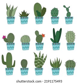 Set Cute doodle cacti in blue pots. Vector illustration with cute indoor plants. set of 15 plants in identical pots