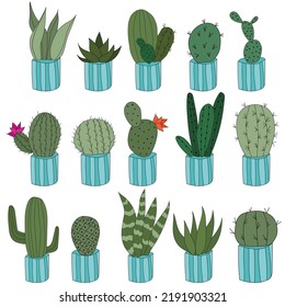 Coloca Cute doodle cactus en ollas azules. Ilustración vectorial con plantas interiores lindas. conjunto de 15 plantas en macetas idénticas