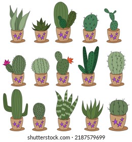 Set Cute doodle cacti in clay pots. Vector illustration with cute indoor plants. set of 15 plants in identical pots