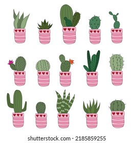 Set Cute doodle cacti in pink pots. Vector illustration with cute indoor plants. set of 15 plants in identical pots