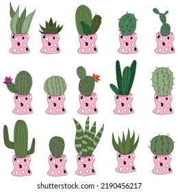 Set Cute doodle cacti in pink pots. Vector illustration with cute indoor plants. set of 15 plants in identical pots