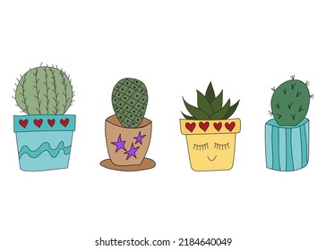 Set Cute doodle cacti in pots. Vector illustration with cute indoor plants. set of plants in various pots
