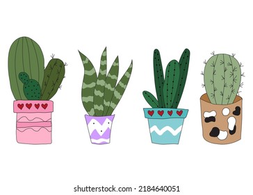 Set Cute doodle cacti in pots. Vector illustration with cute indoor plants. set of plants in various pots