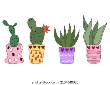 Set Cute doodle cacti in pots. Vector illustration with cute indoor plants. set of plants in various pots