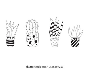 Set Cute doodle cacti in a slide. Vector illustration with cute indoor plants. cactus outline.
