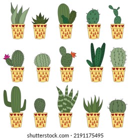 Set Cute doodle cacti in yellow pots. Vector illustration with cute indoor plants. set of 15 plants in identical pots