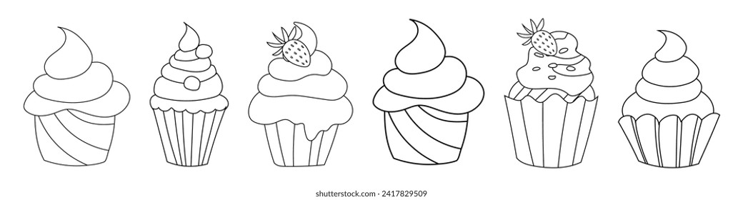 Juego de pasteles de doodle bonitos, quequitos en blanco y negro, ilustración vectorial, mesa dulce, muffins crema para las vacaciones, cumpleaños y bodas, decoración de invitaciones de vacaciones.