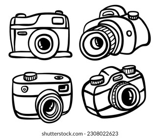 set of cute Doodle camera icons set on white background