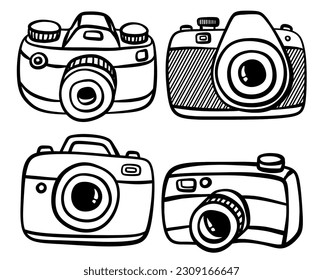 set of cute Doodle camera icons set on white background