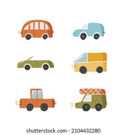 Set of cute doodle car in hand drawn style, design children nursery, room, clothes, map and textile cartoon vector illustration isolated on white. Colorful sketch urban passenger vehicle for printing.