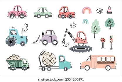 Set of cute doodle cars for kids featuring a passenger car, bulldozer, concrete mixer, tractor, excavator, dump truck, and bus. Fun vector icons.