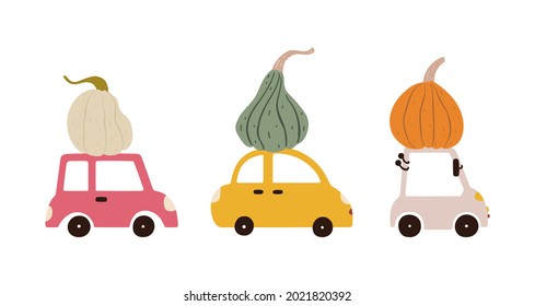 Set of cute doodle cars with pumpkins on top of them. Colorful concept illustrations isolated on white background. Vector.