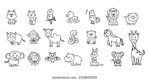 set of cute doodle cartoon animals of the world Vector illustration isolated on white Icon set. Coloring