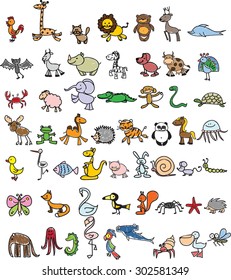 Set of cute doodle cartoon animals