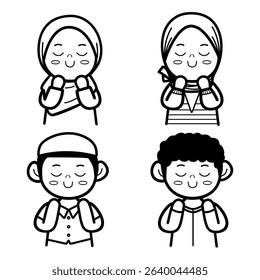 Set Of Cute Doodle Cartoon Children Muslim Praying Black and White Vector Collection