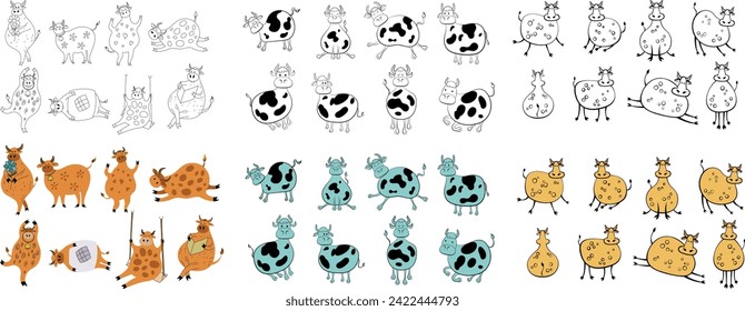 Set of cute doodle cartoon cows on white background. Animal illustration collection.