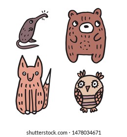 
Set Of Cute Doodle Cartoon Forest Heroes: Owl, Red Fox, Brown Bear, Gray Muskrat