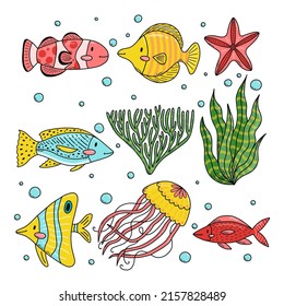 Coloca dibujos animados sobre peces marinos, medusas, estrellas de mar, algas. Ilustración vectorial.