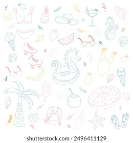 Set of cute doodle cartoon summer elements: ice cream, swimwear, pool ring, fruits, seashells, etc. Summer time concept for posters, stickers, design, scrapbooking.