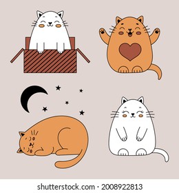 Set of cute doodle cats. Funny cats in a box. Vector illustration with pets
