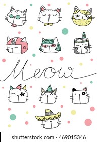 Set of cute doodle Cats. Handmade sketch characters for Print. 
