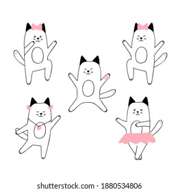Set with cute Doodle cats. Kittens in different funny poses and emotions. Pets jump and dance.