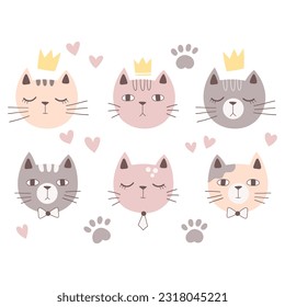 set of cute doodle cats in pastel colors with crown, heart and footprint