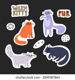 Set of cute doodle cats stickers isolated on dark background in flat style vector illustration