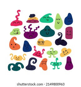 Set of cute doodle characters of different shape, color and size, expressing various emotions