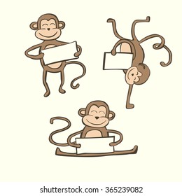 Set of cute doodle characters with place for your text. Symbol of chinese new year. Simple vector illustration with funny monkeys. Collection of three hand drawn animals. 
