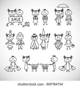 Set of cute doodle children. Holiday sale