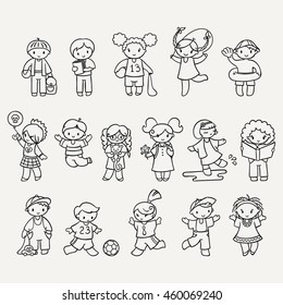 Set of cute doodle children. Kindergarten, camp, people collection.