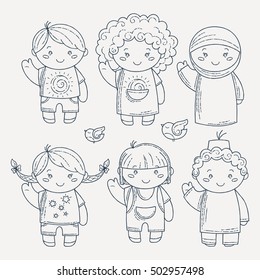 Set of cute doodle children. Kindergarten, camp, people collection. Coloring illustrations.