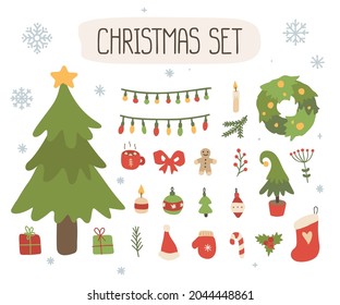 Set of cute doodle christmas decoration. Collection of traditional celebration winter elements for design. 
