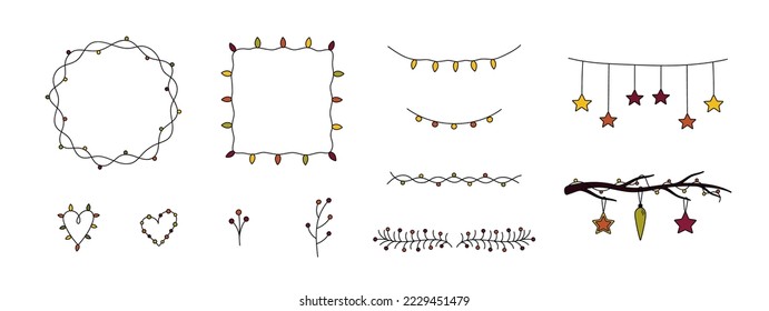 Set of cute doodle Christmas frames, garlands, borders, hearts, branches with berries isolated. Collection of hand drawn elements for christmas, new year decor. Vector holiday illustration