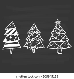 set of cute doodle christmas tree with outline on chalkboard background