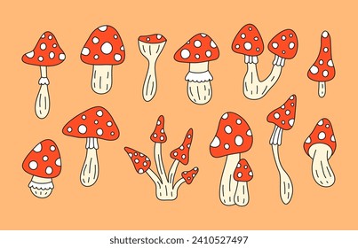 Conjunto de setas de Amanita, adorables en color doodle, con hongos agaric.