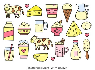 Set of cute doodle colored dairy products isolated on white background. Farm milk products and cow.