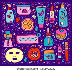 Set of cute doodle colorful asian cosmetics for skin care and makeup isolated on violet background.
