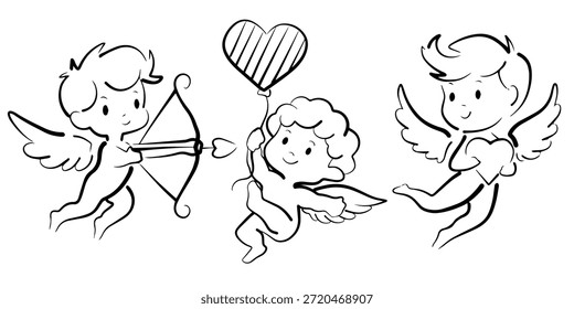 Conjunto de cupidos de doodle lindo con arco y flecha, corazón y globo. Ilustraciones vectoriales románticas del día de San Valentín perfectas para tarjetas, Anuncios, invitaciones y diseños temáticos del amor