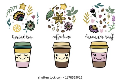 Set of cute doodle cups with drinks, spices, flowers and inscriptions. Vector design elements.