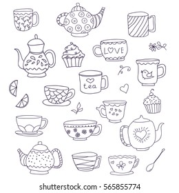 Set of cute doodle cups, teapots and cupcakes. Outline vector drawing