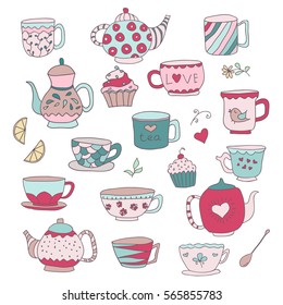 Set of cute doodle cups, teapots and cupcakes in pastel colors in pastel colors