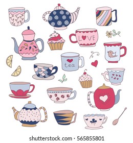 Set of cute doodle cups, teapots and cupcakes in pastel colors