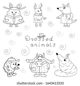 Set von süßen doodle gekleideten Tieren Illustrationen. Handgezeichnete Vektorsymbole. Elemente von Tieren für Grußkarten, Poster, Aufkleber und Design. Schwein, Esel, Wolf, Igel, Kuh, Fuchs. EPS10