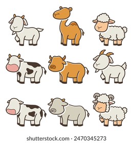 Set Lindo Doodle Eid Al-Adha Animal Ilustración vectorial Elemento Colección. Línea editable. Anchura de trazo ajustable