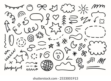 Set of cute doodle elements. Hand drawn collection of stars, heart, arrows, scribble, speech bubbles, flower. Vector line illustration