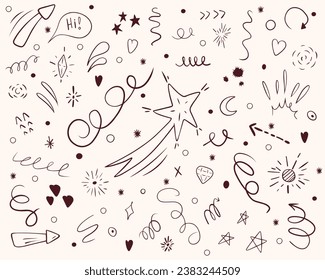 Set of cute doodle elements on a light background. Template with hearts and stars for textile, wrapper, cards or banners.