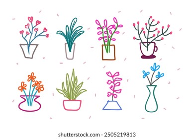 Set of cute doodle flowers in pots and vases. Hand drawn illustrations for home decor, greeting cards, and social media